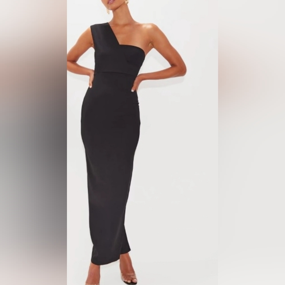 PrettyLittleThing Black One Shoulder Fitted Maxi Dress Women Size US 2